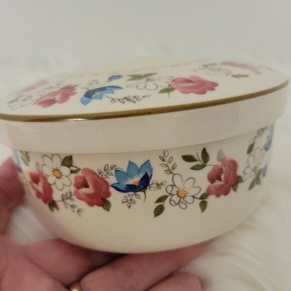 Vtg Hankook Powder Jar Trinket Jewelry Box Lid Multi Color Floral Flowers Korea - Picture 5 of 12